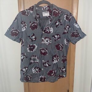 Express Gray and Maroon Floral Men's Shirt
